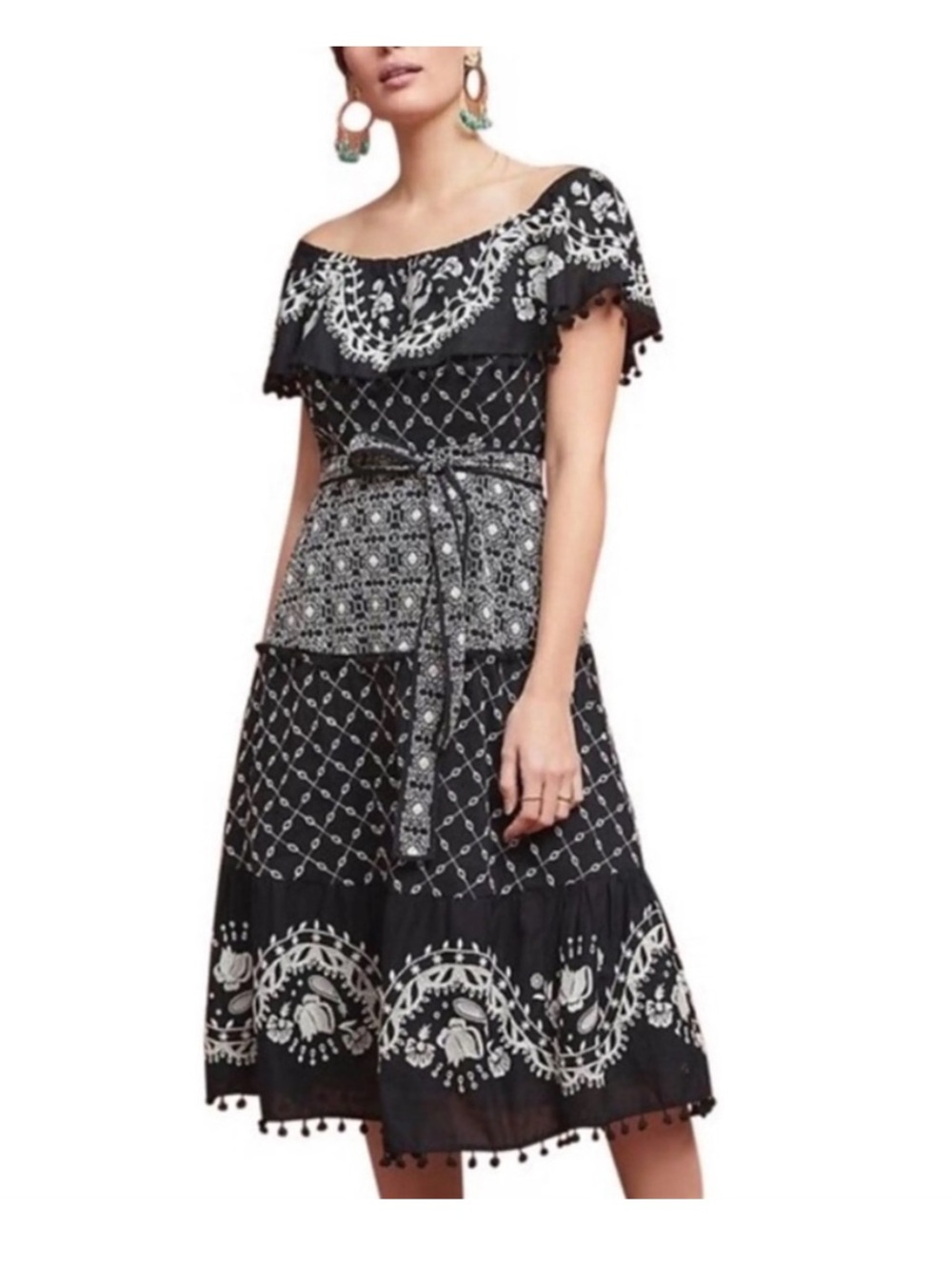 Anthropologie Marisol Off-The-Shoulder Midi Dress 2 Black White Embroidered Boho